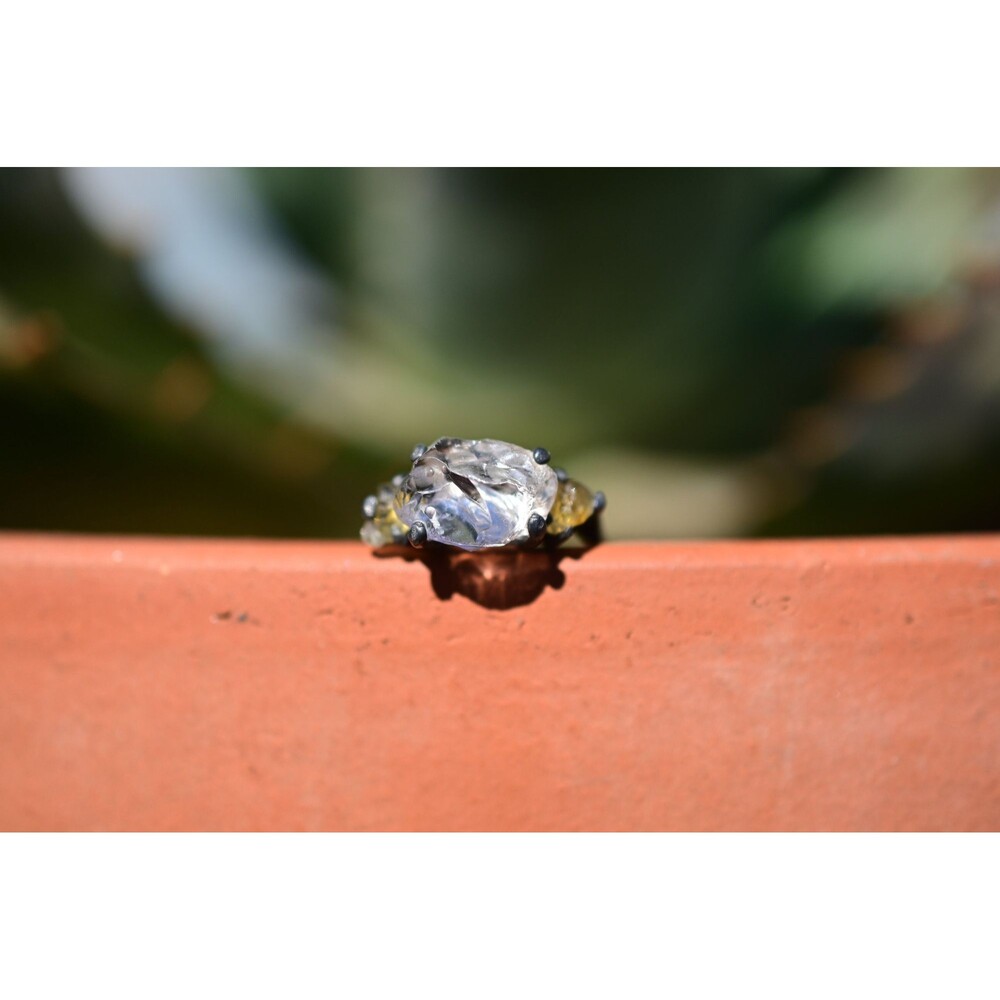 Custom yellow Montana sapphire ring raw emerald shaped clear quartz size 4 5 6 7